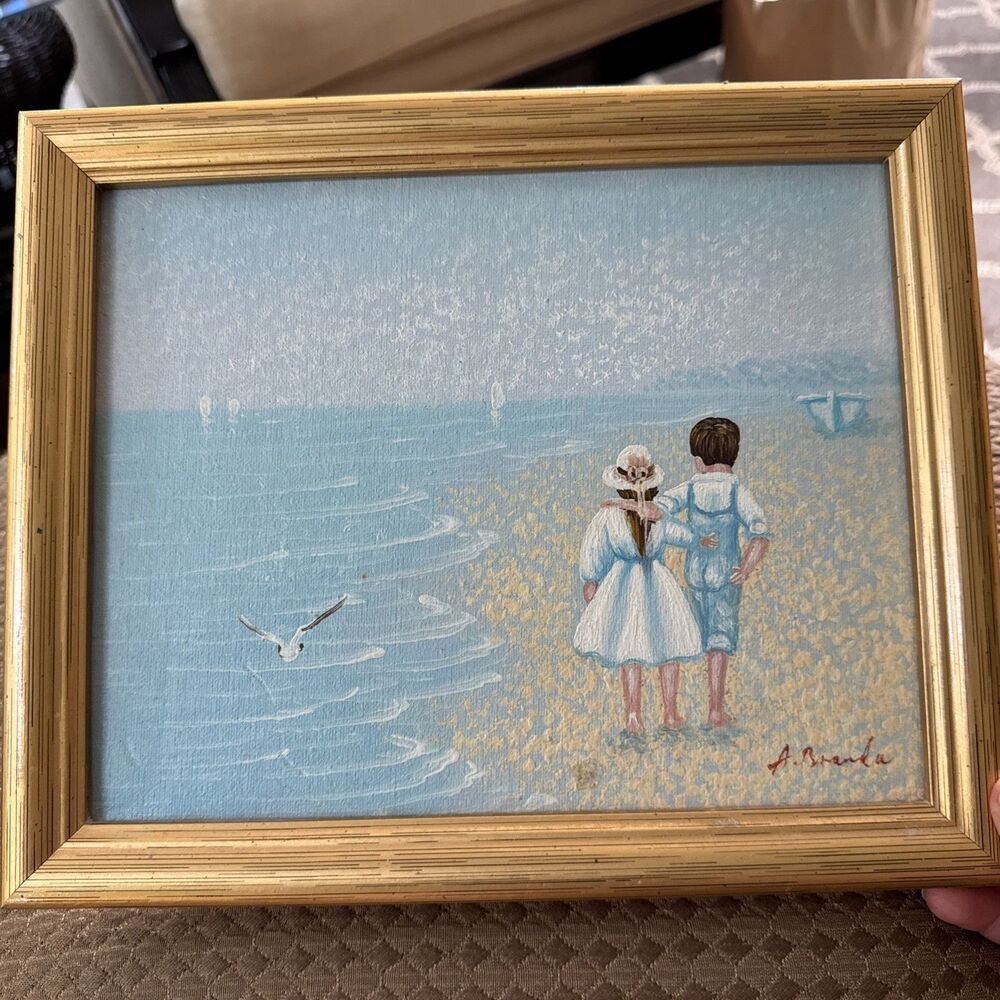 Vintage seaside oil painting canvas Board 8x10 children Walking Artist A.Branda